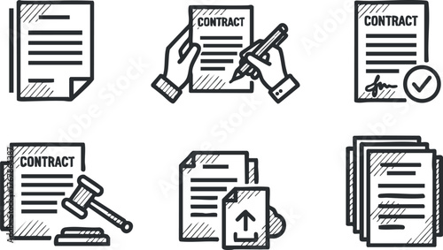 Illustration of contracts and legal documents with hands signing and gavel representing agreements.