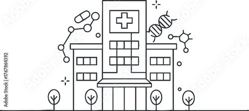 Illustration of a hospital building with medical symbols and scientific elements representing healthcare and research.