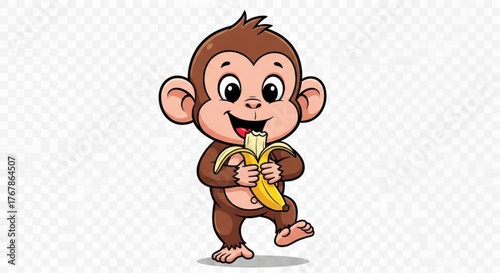 Cartoon monkey happily eating a banana in a playful and cheerful illustration