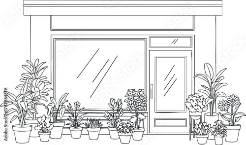 A charming storefront adorned with various potted plants and flowers creating a vibrant atmosphere.