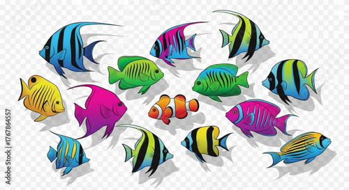 Colorful tropical fish swimming together in a vibrant underwater scene illustration