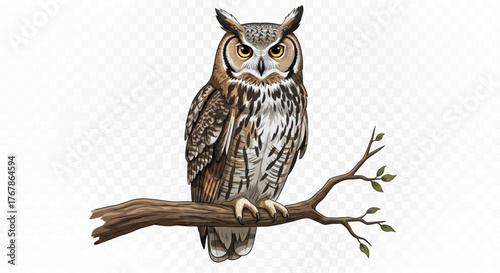 Majestic great horned owl perched on a branch with leaves in detailed illustration