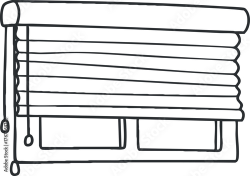 A simple black and white sketch of a window blind illustrating modern interior design elements.