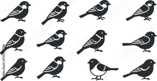 A collection of black silhouette birds in various poses on a white background.