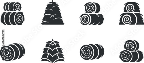 Various silhouettes of hay bales arranged in a row on a white background