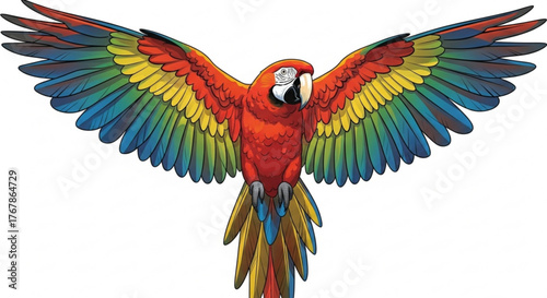 Colorful macaw parrot with outstretched wings against a clean white background