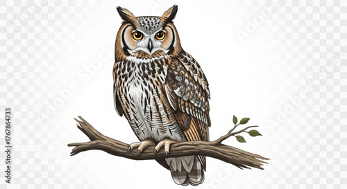 Majestic owl perched on a branch with detailed feathers and piercing yellow eyes