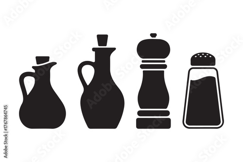 Silhouette of kitchen seasoning bottles and grinders