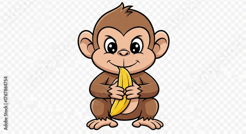 Cartoon monkey happily eating a banana in a cute and playful illustration