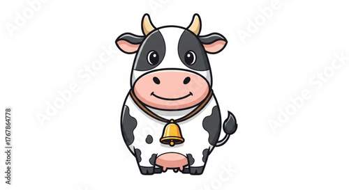 Cute cartoon cow with a bell around its neck standing on a white background