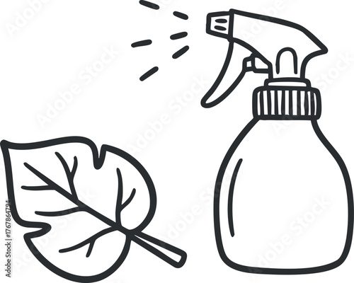 A spray bottle next to a leaf representing gardening and plant care essentials.