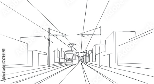 A minimalist line drawing of a city street featuring a train on the tracks.