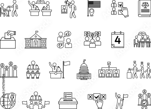 Elections Icon Set. Vector Icons: Voting, Candidate, Opinion, Government, Debate, Campaign, President, Ballot, Democracy, Referendum, Protest, and More