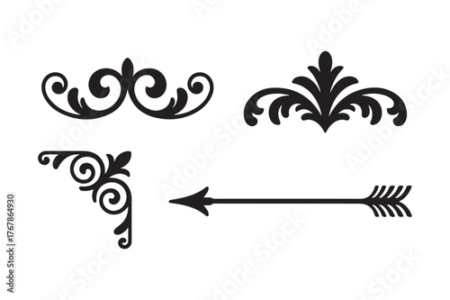Ornate flourishes and decorative arrow elements