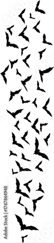 Bat swarm silhouette. Bats flying together in a diagonal pattern create a striking silhouette. Vector illustration black clipart design.