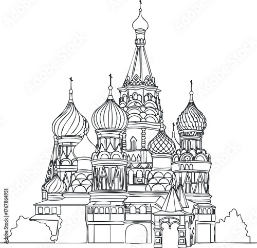 Outline illustration of a famous Russian cathedral with intricate domes and architectural details