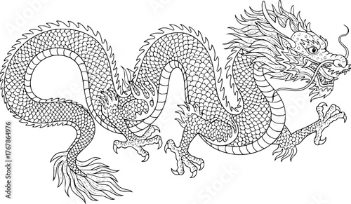 
Chinese dragon drawing. It is an intricate black and white outline image of a traditional Chinese dragon, perfect for coloring. Vector sketch line art draw