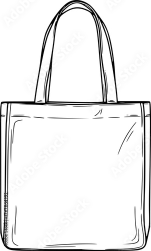 Tote bag drawing. It is a black and white outline image of a simple tote bag, often used for shopping, carrying books, or daily essentials. Vector sketch line art draw.