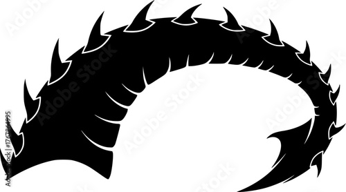 Dragon tail silhouette. This image showcases a black silhouette of a dragon's tail with jagged spikes along its length, creating a fierce appearance. Vector illustration black clipart design. 