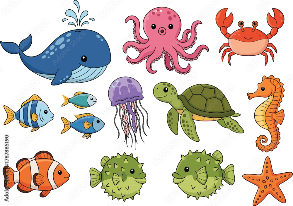 Naklejka premium A fun vector cartoon set of sea animals like fish, octopus, turtle, dolphin, crab, and shark for your underwater illustration collection