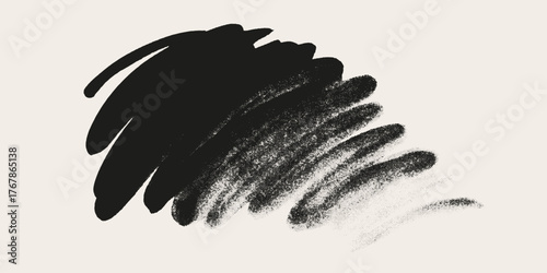 Black brush stroke. Detailed charcoal, chalk, crayon texture. Halftone overlay. 