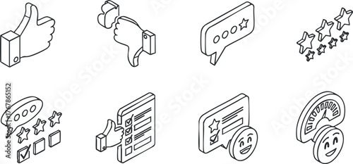 Set of icons representing user feedback including thumbs up thumbs down and star ratings