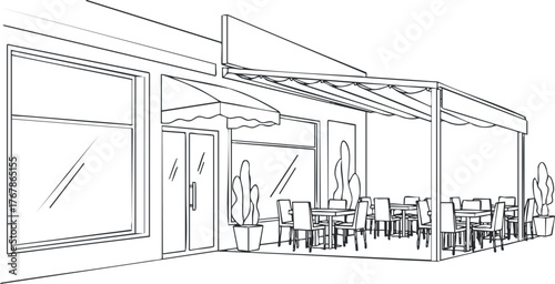 Line art depiction of an outdoor restaurant patio with tables and chairs under a canopy.