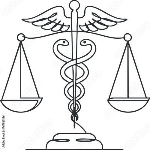 A symbolic representation of law and medicine featuring scales and a caduceus design.