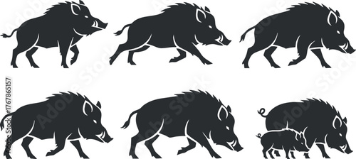 A series of stylized black silhouettes depicting wild boars in various poses and actions.