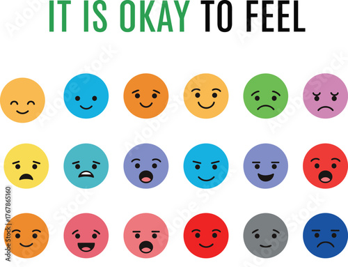 Cartoon emotion faces with “It Is Okay to Feel” text promoting emotional awareness and acceptance in educational illustration