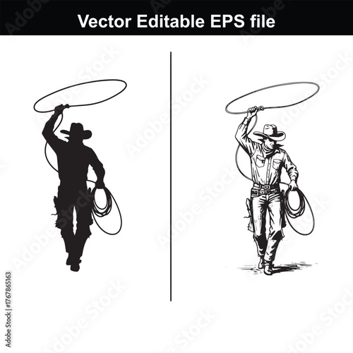 Silhouette and line art of a cowboy holding a lasso