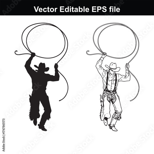 Silhouette and line art of a cowboy with chaps holding a lasso