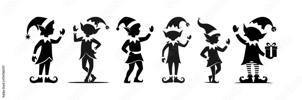 Naklejka premium Christmas Elf Silhouette Set. A vector collection of Christmas elves in various poses with hats and pointy ears isolated on a transparent background.