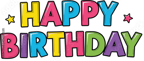 Colorful alphabet letters spelling happy birthday using fridge magnets on a yellow background is a fun concept for children