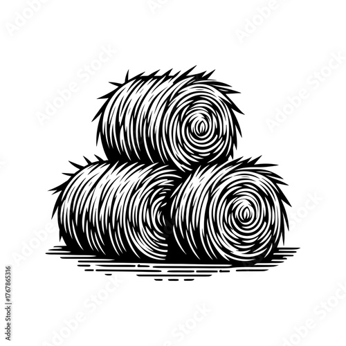 Rural Farming Illustration of Three Stacked Hay Bales Isolated on Transparent Background.
