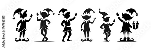 Christmas Elf Silhouette Set. A vector collection of Christmas elves in various poses with hats and pointy ears isolated on a transparent background.