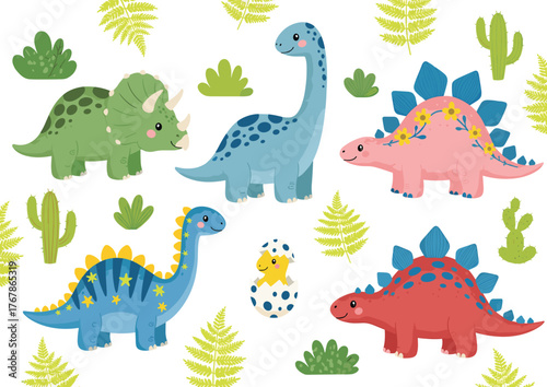 Cute cartoon dinosaur seamless pattern vector illustration for fun baby design