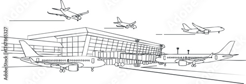 Outline illustration of an airport with planes taking off and landing near the terminal.