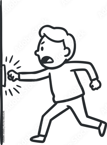 A cartoon character showing a surprised reaction while knocking on a doorbell.