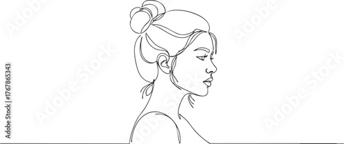 Minimalist line art illustration of a side profile of a young woman with a bun hairstyle.