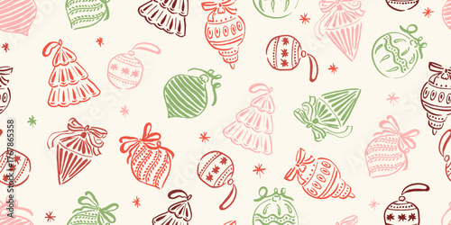 Seamless pattern with hand drawn baubles. Christmas, New Year endless wallpaper design. Retro vintage seamless background. Bauble swith ribbons, bows. 