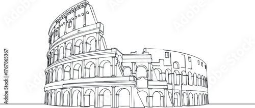 Line drawing of the Colosseum in Rome highlighting its architectural features and historical significance.