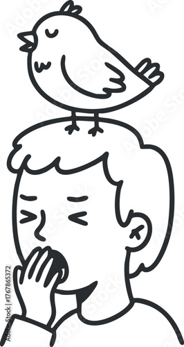 A boy yawning thoughtfully with a cute bird perched on his head in a whimsical illustration.