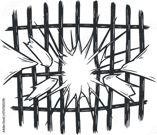 A dynamic illustration of a shattered grid pattern with cracks and bursts radiating outward.