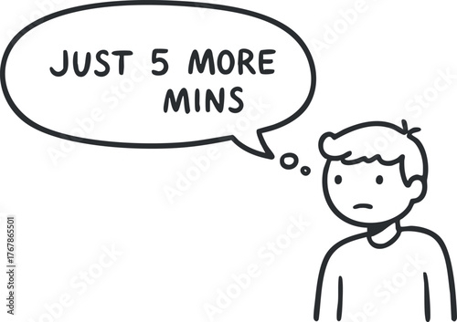 A cartoon character contemplating with a speech bubble saying just five more minutes.