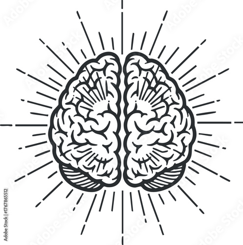 Illustration of a brain with rays emanating from it symbolizing creativity and intelligence.