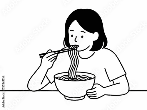 Simple illustration of a woman eating ramen. Icon. Line drawing. Line art. Hobby. Food. Meal. Instant. Noodles. Soba. Udon.