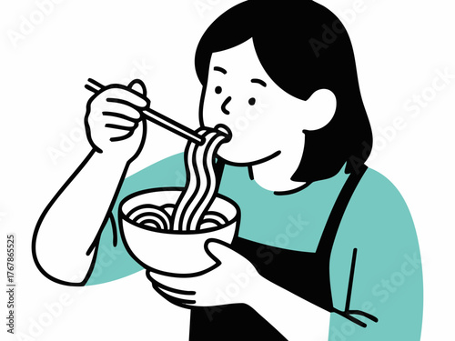 Simple illustration of a woman eating ramen. Icon. Line drawing. Line art. Hobby. Food. Meal. Instant. Noodles. Soba. Udon.