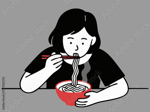 Simple illustration of a woman eating ramen. Icon. Line drawing. Line art. Hobby. Food. Meal. Instant. Noodles. Soba. Udon.