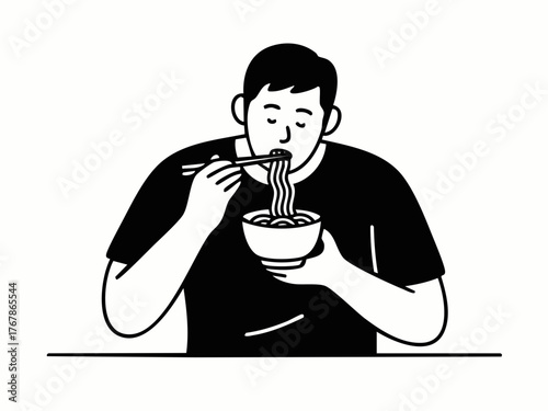 Simple illustration of a man eating ramen. Icon. Line drawing. Line art. Hobby. Food. Meal. Instant. Noodles. Soba. Udon.